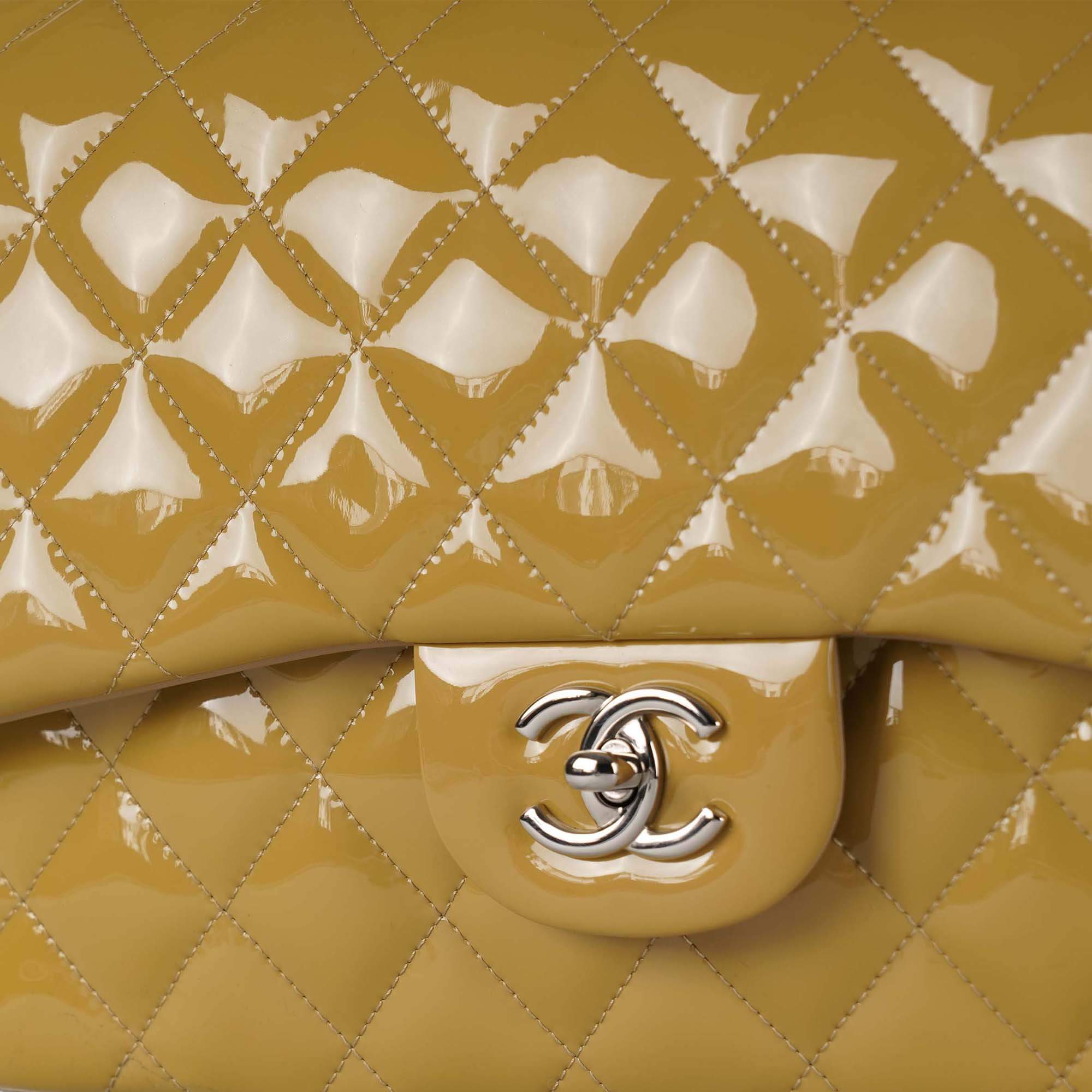 Chanel - Beige Quilted Patent Leather Double Flap Jumbo Bag